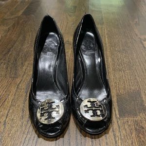 Tory Burch Patent Leather Peep Toe Wedges